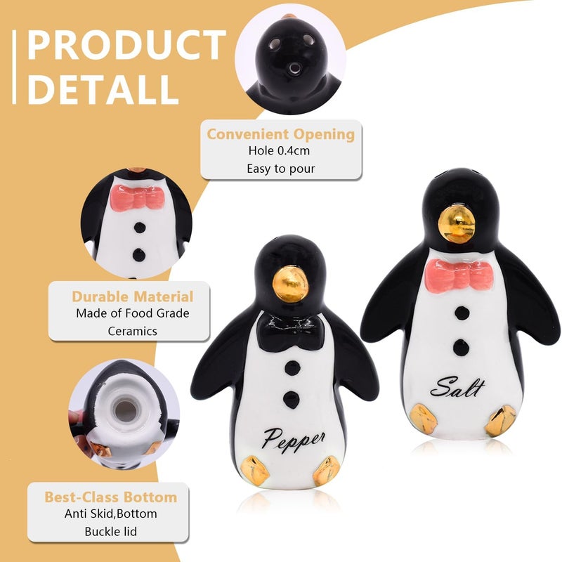 KARALIN Ceramic Cute Salt & Pepper Shaker Sets Tabletop Accessories Kitchen Decor Penguin Design Housewarming with Gift Box (Black & Gold) - Image 3